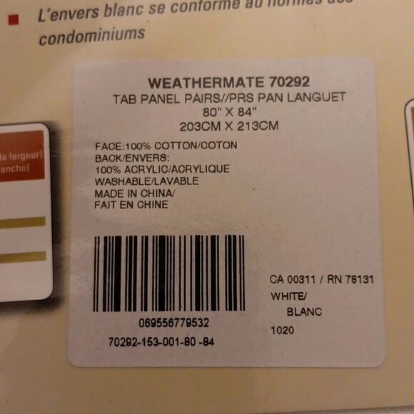 New Weathermate Tab Panel Pairs White 80"x84" 2 Panels New In Package - Picture 3 of 7